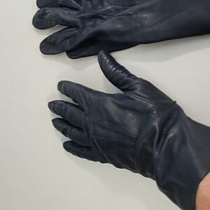 Genuine Soft Supple Thin Leather Driving Gloves Top Detail Dark Nay Blue